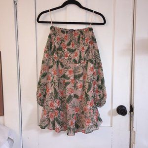 Express Tropical Print Flowy Drop-Sleeve Mini Dress - XS